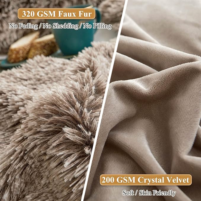 XeGe Fluffy Faux Fur Pillow Cases, Ultra Soft Plush Shaggy Fuzzy Pillowcases, Furry Crystal Velvet Decorative Pillow Shams with Zipper Closure, Set of 2 (King, Khaki Ombre)