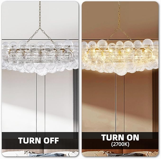 Nordic Bubble Ball Swirled Glass Chandelier 50 inch Rectangular Island Light Fixture Gild Gold and Clear Blown Glass Lighting for Dining Table, Living Room