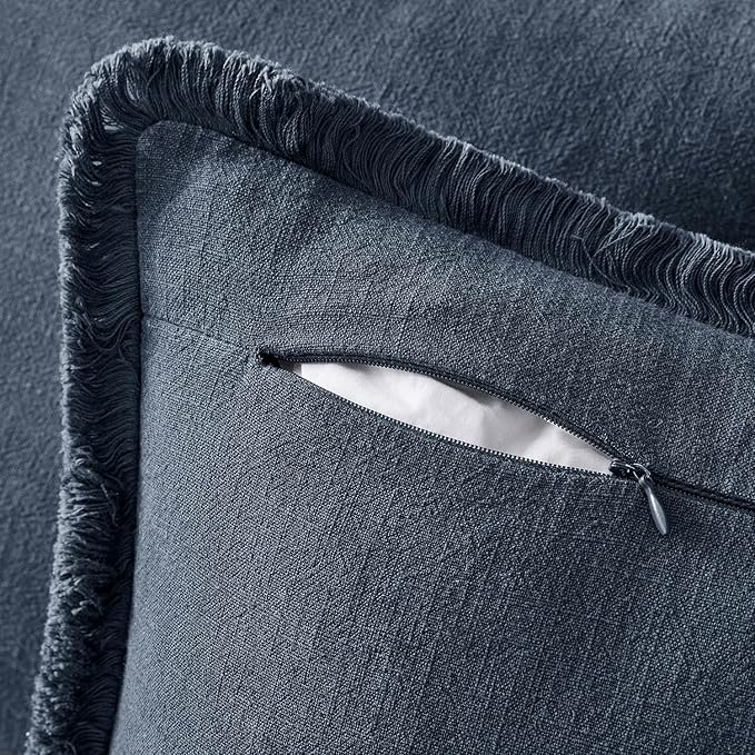 EMEMA Linen Fringe Throw Pillow Covers Set of 2 Boho Farmhouse Accent Decorative Pillowcase with Tassels for Couch Sofa Bed Living Room Home Decor 22x22 Inch,Indigo Blue