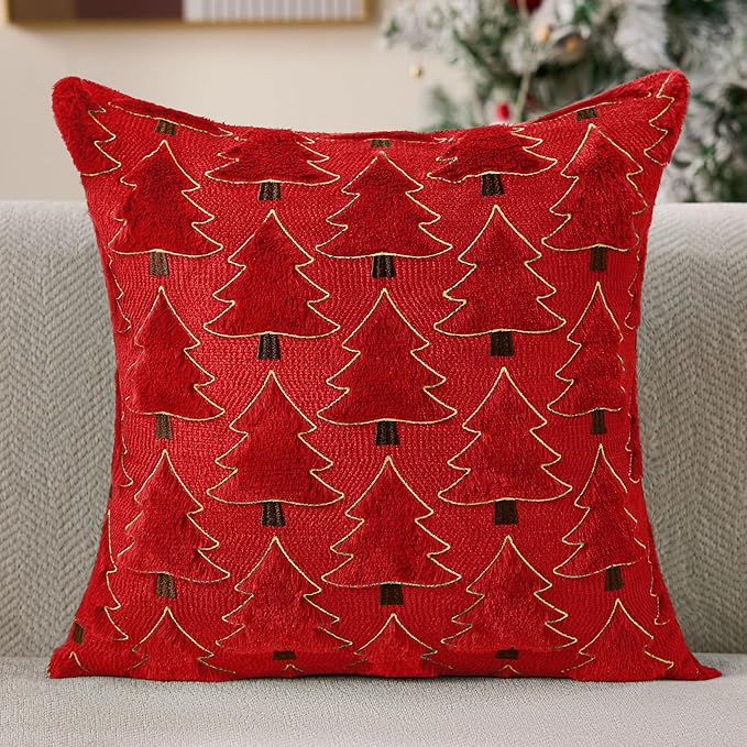 Christmas Pillow Covers 18x18 inch Set of 2 Christmas Decorations Soft Plush Faux Fur Wool Red Xmas Tree Throw Pillow Cases Winter Holiday Decor for Sofa Living Room PT012B18