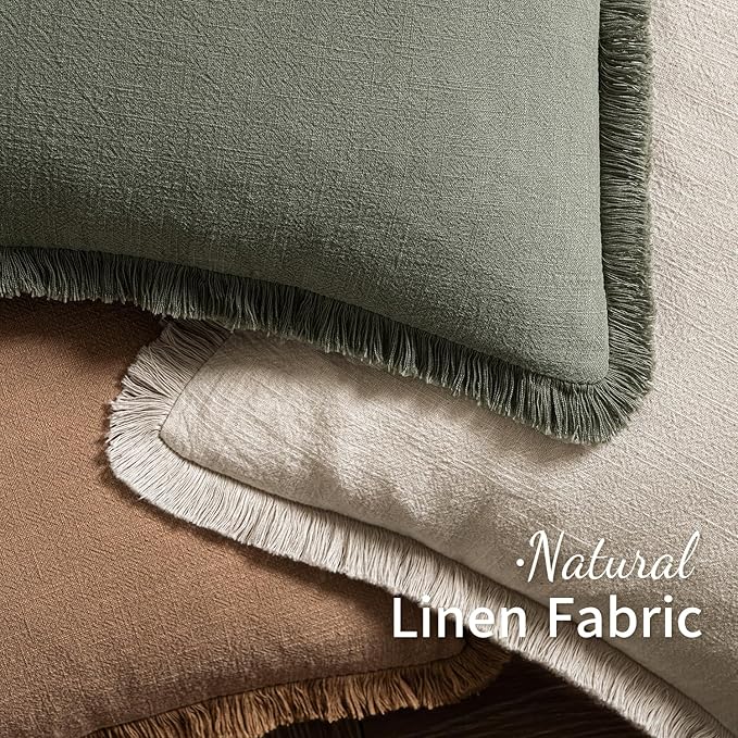 MIULEE Decorative Throw Pillow Covers Neutral Linen Fringe Throw Pillows Set of 2 Brown Boho Farmhouse Cushion Covers with Tassels for Couch Sofa Bed Living Room Spring Home Decor 18x18 Inch