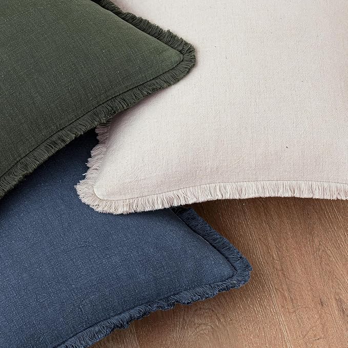 Woaboy Decorative Linen Fringe Throw Pillow Covers Boho Farmhouse Soft Accent Pillowcases with Tassels Christmas Home Decor for Livingroom Couch Sofa Bed,20x20 Inch Set of 2,Dark Olive Green