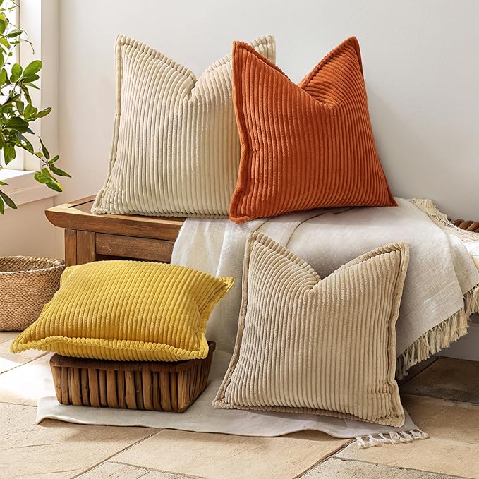 decorUhome Fall Corduroy Rust Throw Pillow Covers 16x16 Set of 2 Decorative Soft Boho Farmhouse Euro Couch Pillow Covers for Living Room Bed Sofa Broadside Striped Pillow Cases
