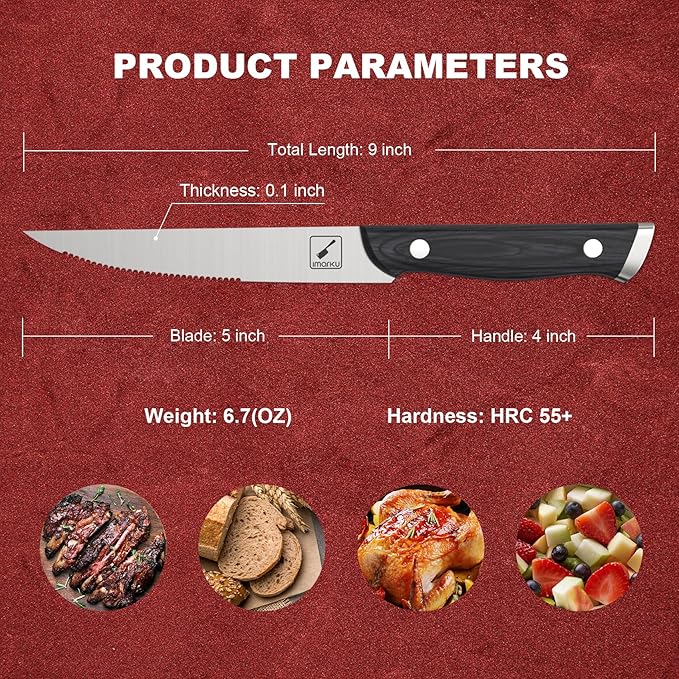 imarku Steak Knives, Steak Knives Set of 8, Serrated Steak Knife Set with Pakkawood Ergonomic Handle, Japanese HC Steel Steak Knife and Gift Box, Birthday Gifts for Women and Man