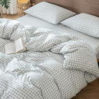 MooMee Gingham Duvet Cover Set 100% Washed Cotton Linen Like Textured Breathable Durable Soft Comfy Modern Checkered Design (Northern Droplet Grey Gingham, Cal King 104"x98")