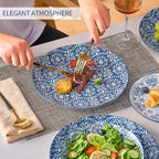 Bestone Porcelain Dinnerware Sets Service for 4, 12 pcs Hand drawn Plates and Bowls Sets, Handmade Ceramic Dish Set, Chip Resistant Modern Plate Set, Dishwasher/Microwave Safe，Vintage Blue