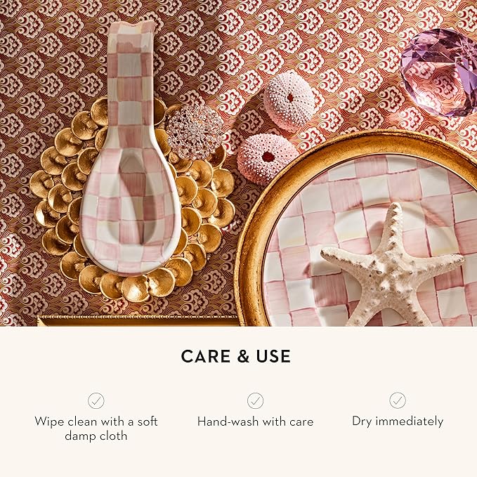 MACKENZIE-CHILDS Enamel Spoon Rest, Kitchen Spoon Holder and Utensil Rest for Stovetop, Pink-and-White Rosy Check