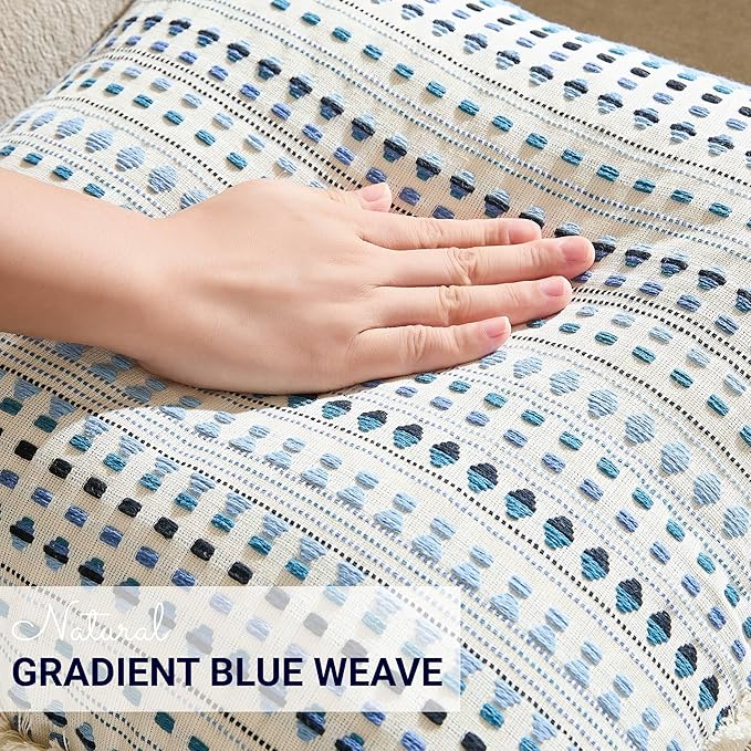 Decorative Pillow Covers Set of 2, Boho Farmhouse Couch Throw Pillows with Tassels, Textured Small Dot Pattern Cushion Cases for Sofa Living Room Home Decor (Blue, 18" x 18" (Pack of 2))