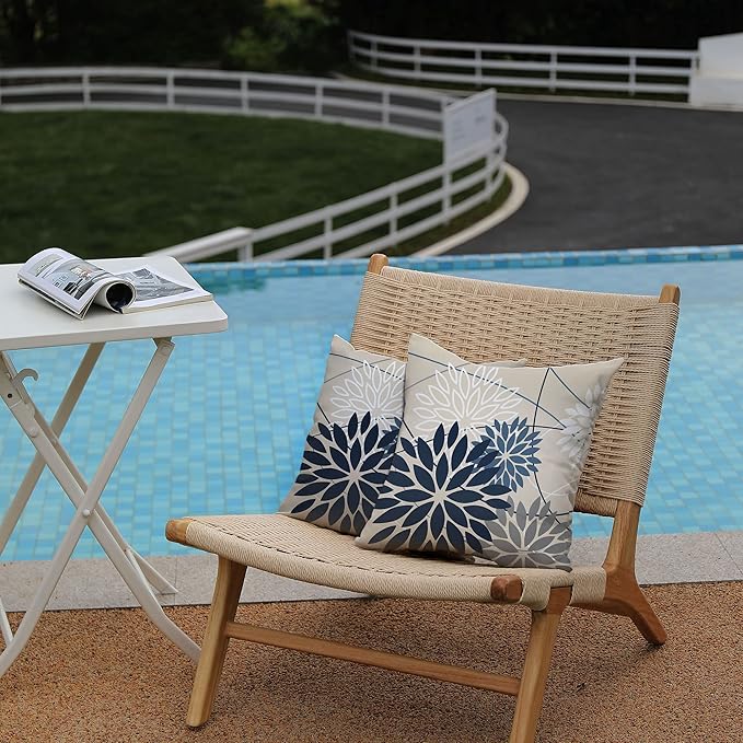 Blue and Gray Floral Pillow Covers 22x22 Set of 2 Outdoor Waterproof White Colored Decorative Throw Pillows Summer Pillowcase Polyester Cushion Case Decor for Couch Patio Funiture Garden Porch 01B22