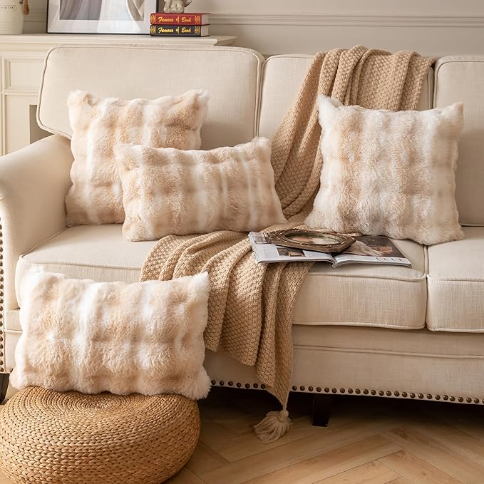 Pack of 2 Thick Plush Throw Pillow Covers Fluffy Wave Faux Fur Decorative Cushion Covers Soft Wool Pillowcase for Sofa Couch Livingroom 16x16 Inch White Beige
