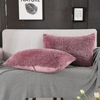 WERDIM Shaggy Fluffy Faux Fur Pillowcases 2 Pack Button Closure Velvet Pillow Shams King Size (Dusty Rose, 20 X 36 Inches)