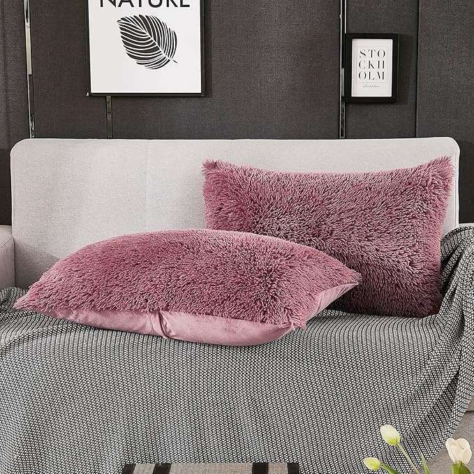 WERDIM Shaggy Fluffy Faux Fur Pillowcases 2 Pack Button Closure Velvet Pillow Shams King Size (Dusty Rose, 20 X 36 Inches)