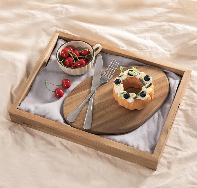 Natural Acacia Wooden Rectangular Serving Tray with Handles, Set of 2 (15"x11"), Large Tray for Ottoman, Breakfast in Bed, Dinner, Coffee Table Decor & Kitchen