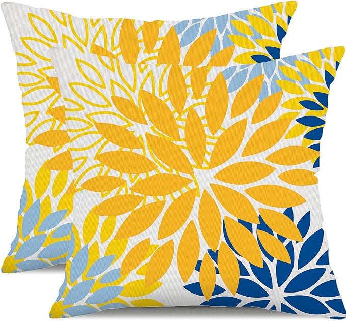 DFXSZ Yellow Blue Flower Pillow Covers 22x22 Inch Set of 2 White Gray Colored Throw Pillows Outdoor Waterproof Decor for Living Room Sofa Patio Funiture Garden Floral Polyester Pillow Covers 002J22