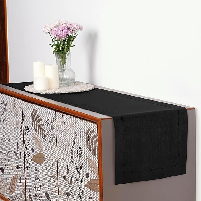 D'Moksha Homes Linen Black Table Runner 90 Inches Long - Classic Hemstitch 100% Pure Linen Dining Table Runner 14 x 90 Inch for Fall, Autumn and Halloween
