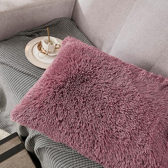 WERDIM Shaggy Fluffy Faux Fur Pillowcases 2 Pack Button Closure Velvet Pillow Shams King Size (Dusty Rose, 20 X 36 Inches)
