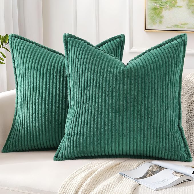 Mecatny Christmas Corduroy Throw Pillow Covers 26x26 Set of 2, Neutral Decorative Soft Boho Couch Pillow Covers with Broadside for Sofa Living Room, Green
