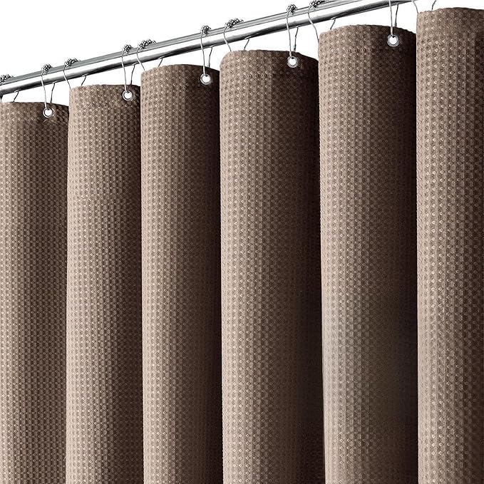 Inhousolu Fabric Shower Curtain Waffle Weave, 230 GSM Heavy Duty, Weighted Hem, 14 Metal Hooks, Water Repellent, Machine Washable, Hotel Spa Luxury Bath Curtain Set, 72 x 72 Inch, Brown