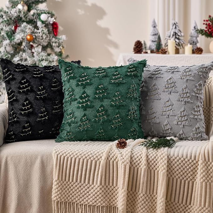 Christmas Pillow Covers 18x18 inch Set of 2 Soft Plush Faux Fur Christmas Decor Grey Xmax Tree Yellow Colored Lights Decoration Throw Pillow Case for Winter Holiday Sofa Living Room PT003I18