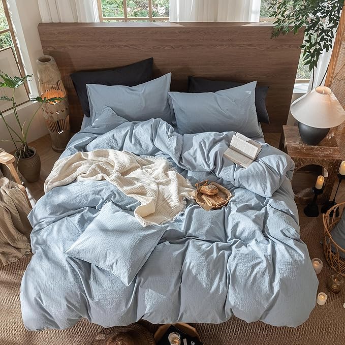 MooMee Wavy Striped Duvet Cover Set 100% Washed Cotton Linen Like Textured Breathable Durable Soft Comfy (Cornflower Blue, Palatial King/Oversized King 120"x98")