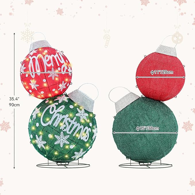Large Lighted Christmas Ball Ornaments,35Inch 3D Pre-Lit LED Holiday Decor with Base for Outdoor Yard, Garden,Patio-Festive Glow (Red/Green)