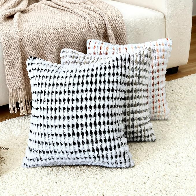 Boho Chenille Tufted Pillow Cover 20x20 Inch Set of 1, Farmhouse Striped Decorative Pillow Covers Accent Fluffy Neutral Square Pillowcases for Couch Sofa Bedroom Living Room, Black White