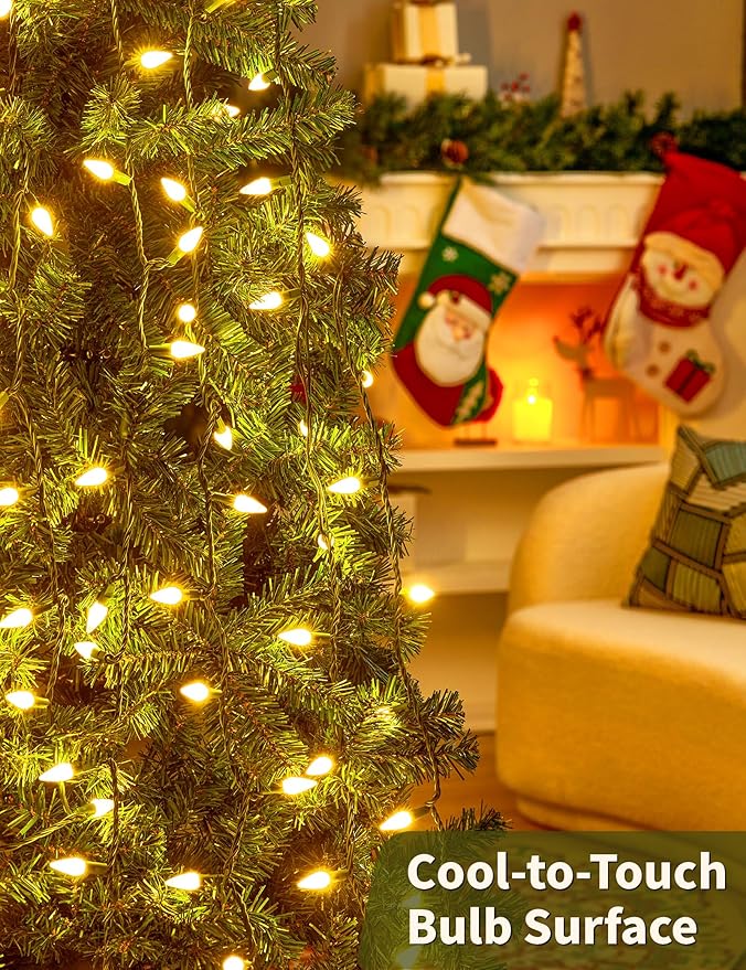BOHON Christmas Lights Outdoor, Faceted C6 17ft 50 LED String Lights Plug in, Extendable Green Wire Warm White Christmas String Lights for Indoor Xmas Tree Decoration Waterproof UL Certified