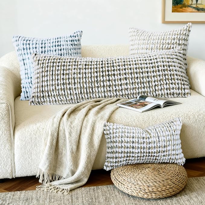Boho Chenille Tufted Pillow Cover 14x36 Inch Set of 1, Farmhouse Striped Decorative Pillow Covers Accent Fluffy Neutral Long Body Bolster Pillow for Couch Sofa Bedroom Living Room, Brown Gray