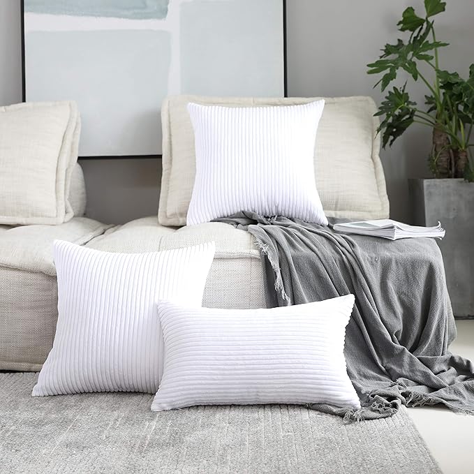 Home Brilliant Set of 2 Decor Supersoft Pillow Covers Striped Velvet Corduroy Decorative Throw Toss Cushion Cover for Sofa, 50x50 cm, 20 x 20 Inch, Pure White,