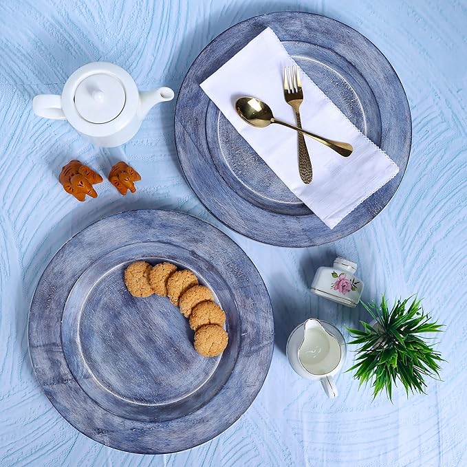 CLEENTABLE Assorted Set of 2 Wooden Charger Plates - 13" Round Farmhouse Wood Plates - Decorative Dinner Plates for Table Setting, Serving Tray, Appetizers, or Home Décor (Blue Green)