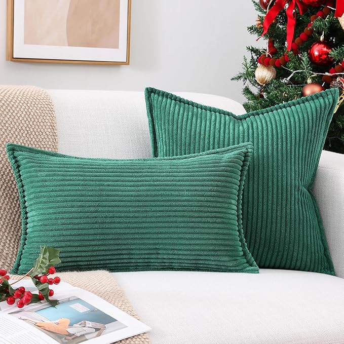 Mecatny Christmas Corduroy Throw Pillow Covers 12x20 Set of 2, Neutral Decorative Soft Boho Lumbar Couch Pillow Covers with Broadside for Sofa Living Room, Green