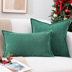 Mecatny Christmas Corduroy Throw Pillow Covers 18x18 Set of 2, Neutral Decorative Soft Boho Couch Pillow Covers with Broadside for Sofa Living Room, Green