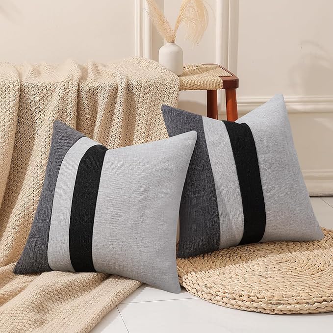 Adabana Set of 2 Linen Pillow Covers Decor Square Patchwork Throw Pillow Covers 18x18 Inch Farmhouse Cushion Covers Decorative Couch Bedroom Sofa Living Room,Grey