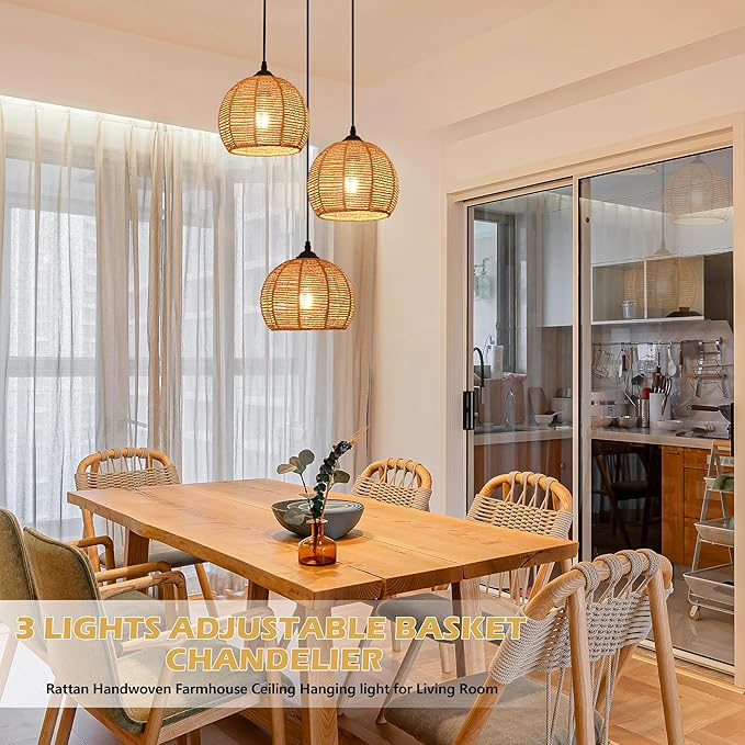 3-Light Mini Hemp Rope Woven Pendant Light Kitchen Island,3 Dome Hand Woven Boho Rattan Chandelier Farmhouse Wicker Ceiling Light,rustic Light Fixture For Living Room Hallway Dining Room(Bulb Incl.
