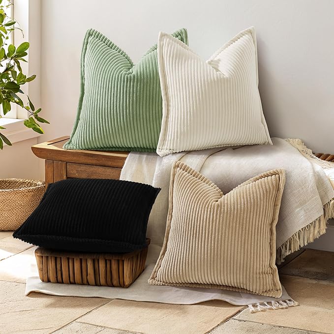 decorUhome Corduroy Black Throw Pillow Covers 16x16 Set of 2 Decorative Soft Boho Farmhouse Euro Couch Pillow Covers for Living Room Bed Sofa Broadside Striped Pillow Cases