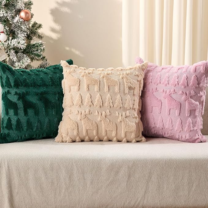 DFXSZ Christmas Pillow Covers 20x20 inch Set of 2 Beige Christmas Tree Elk Decoration Soft Plush Faux Fur Jacquard Throw Pillows for Bedroom Sofa Holiday Festivals Winter Home Decor PTK069C20