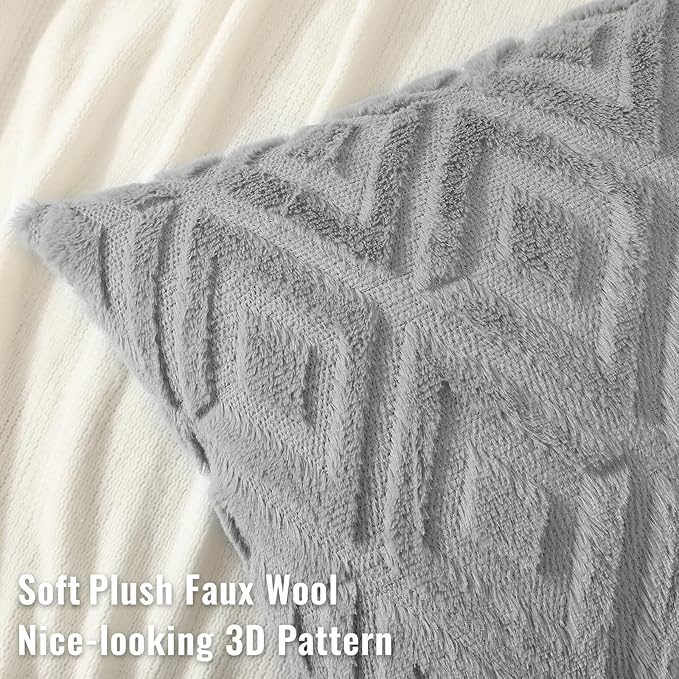 decorUhome Couch Throw Pillow Covers 22x22 Set of 2, Decorative Soft Plush Faux Wool Neutral Accent Pillow Covers for Bed Sofa Living Room, Grey