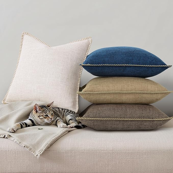 decorUhome Decorative Outdoor Throw Pillow Covers 16x16 Set of 2, Square Linen Farmhouse Euro Pillow Covers with Stitched Edge, Rustic Neutral Pillow Covers for Couch, Sofa, Living Room, Khaki