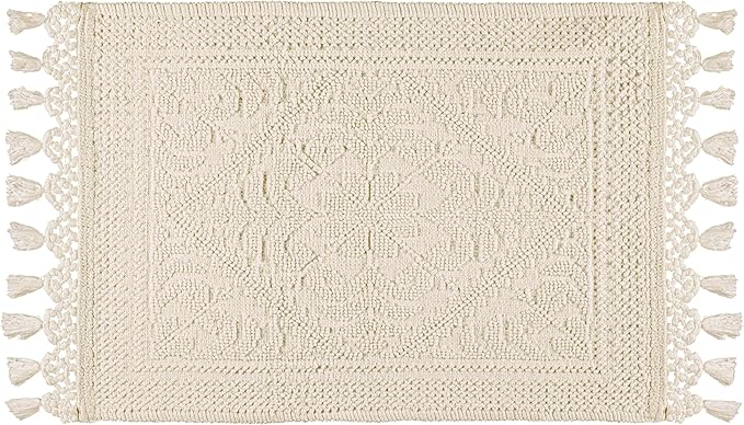 Savi Home Cotton Woven Jacquard Bathroom Rug, Woven Fringe Bathroom Mats, 100% Cotton, Non - Slip Bath Mat, Durable Thick Bath Mat 17”x30” with Fringes, Ivory