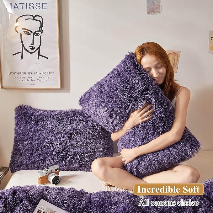 XeGe Faux Fur Throw Pillow Cases, Plush Shaggy Ultra Soft Pillow Covers, Fluffy Crystal Velvet Decorative Pillowcases, Furry Fuzzy Pillow Shams Zipper Closure, Set of 2 (Standard, Purple Ombre)