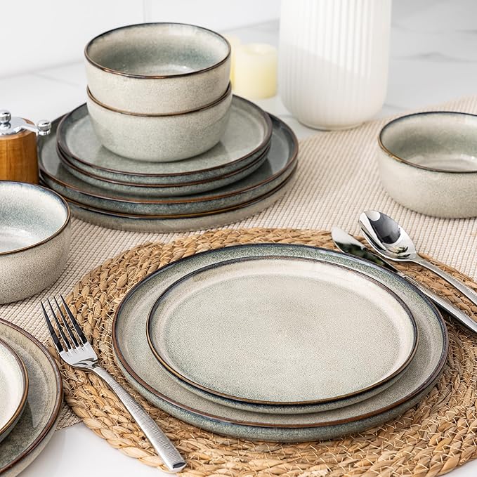 GBHOME 16 Pieces Double Bowls Ceramic Dinnerware Sets for 4, Stoneware Plates and Bowls Set with Reactive Glaze, Scratch Resistant Stoneware Dishes Set, Dishwasher & Microwave Safe