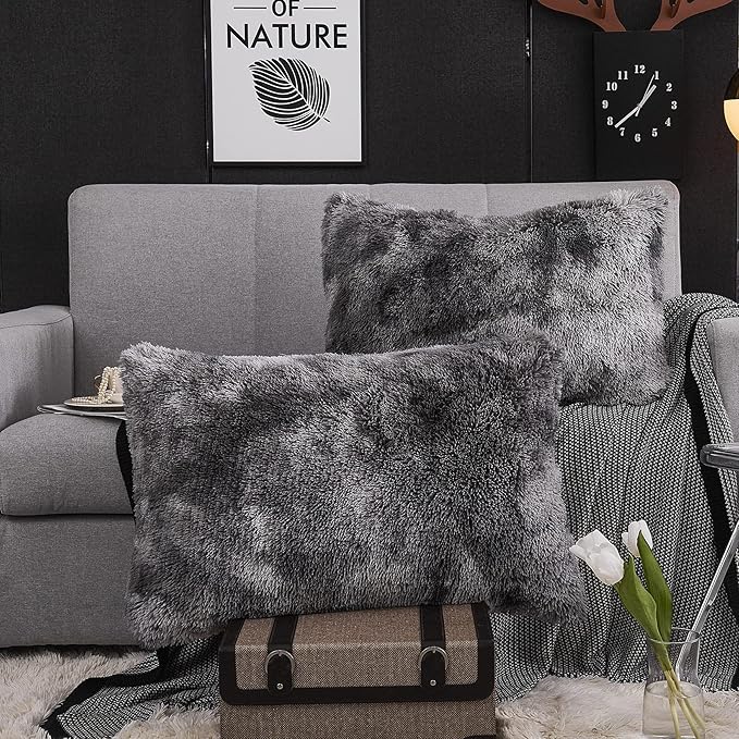 WERDIM Shaggy Fluffy Faux Fur Pillowcases 2 Pack Button Closure Velvet Pillow Shams Standard/Queen Size (Tie Dye Dark Grey, 20 X 26 Inches)