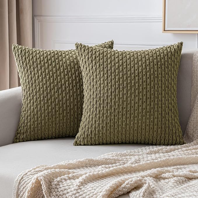 MIULEE Pack of 2 Decorative Throw Pillow Covers 16x16 Inch Soft Boho Striped Textured Corduroy Pillow Covers Modern Farmhouse Home Decor for Couch Bed Sofa Living Room Olive Green