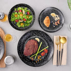 Bestone Plates and Bowls Sets,12 Pieces Round Porcelain Dinnerware Sets,Dishes, Plates, Dishware Sets,Chip Resistant Ceramic Dish Set Dining Dinner Ware Service for 4,Starry Sky Black