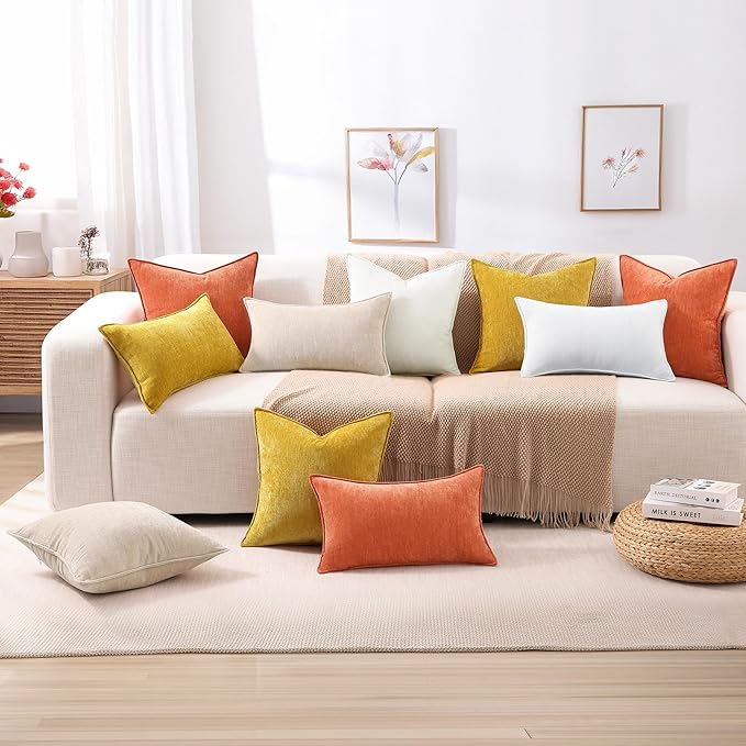 decorUhome Fall Couch Throw Pillow Covers 22x22 Set of 2, Decorative Soft Euro Neutral Chenille Pillow Covers with Elegant Design for Sofa Bed Living Room Home Decor, Rust