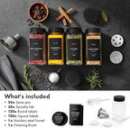 Glass Spice Jars with Labels (24 x 4oz) Spice Containers with 240 Labels, Shaker Inserts, Funnel, Empty Square Empty Square Seasoning Organizer (Black Lids)