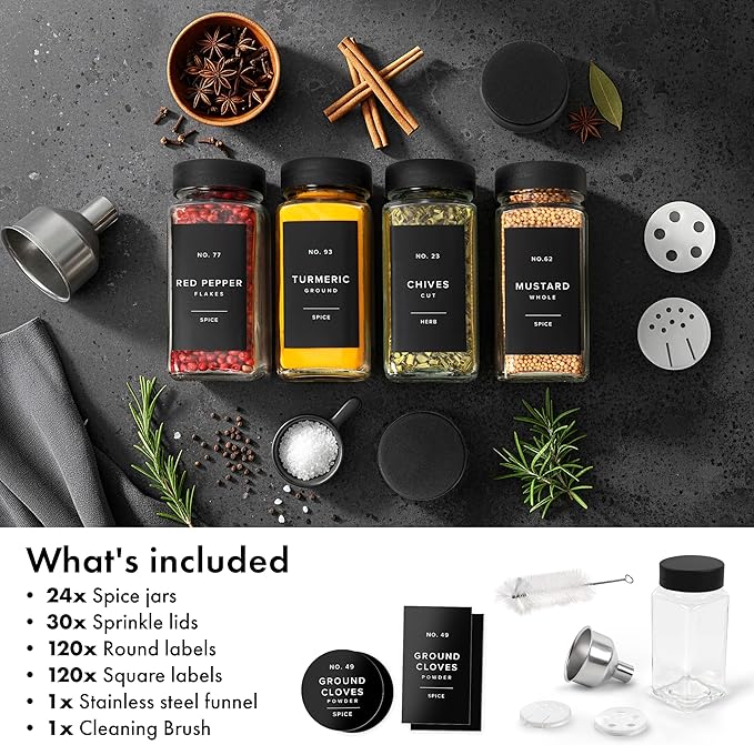 Glass Spice Jars with Labels (24 x 4oz) Spice Containers with 240 Labels, Shaker Inserts, Funnel, Empty Square Empty Square Seasoning Organizer (Black Lids)