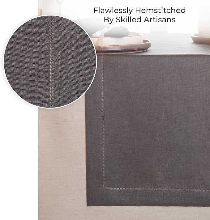 D'Moksha Homes Linen Charcoal Grey Table Runner 36 Inches - 100% Pure Linen Small Table Runner 14 x 36 Inch Ideal for Dresser, Coffee Tables, Fall and Halloween - Classic Hemstitch - Classic Hemstitch