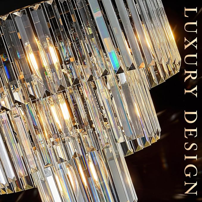 Black Crystal Chandeliers, 20” Modern Chandeliers for Dining Room 3 Tiers 7 Lights Luxury K9 Crystal Ceiling Pendant Round Light Fixture for Foyer Kitchen Bedroom Closet