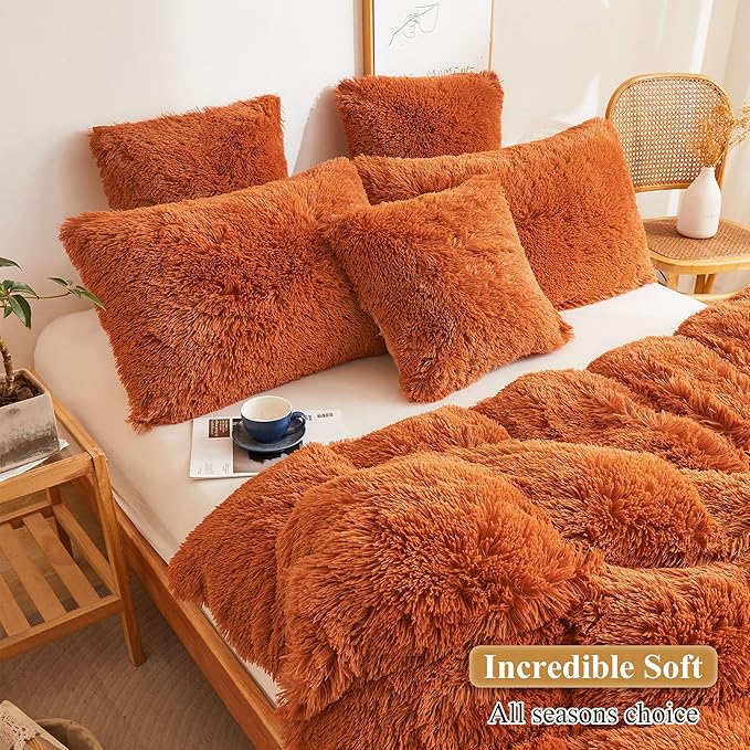 XeGe Faux Fur Fluffy Pillow Cases, Plush Shaggy Pillow Shams, Ultra Soft Furry Pillow Covers, Velvet Fuzzy Decorative Pillowcases for Bed Couch Sofa Zipper Closure, Set of 2 (King, Burnt Orange)